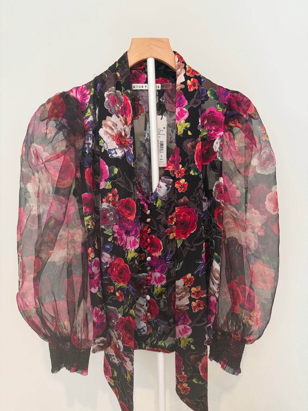 Alice + Olivia Brentley Midnight Rose Floral Silk Tie Neck Blouse S NWT $350